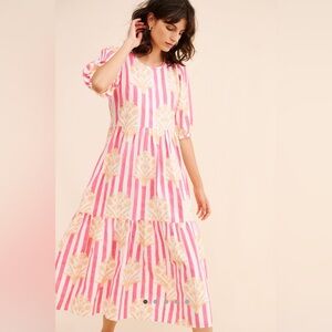 SZ Blockprints Gaia Tiered Midi Dress Pink White Floral Medium‎